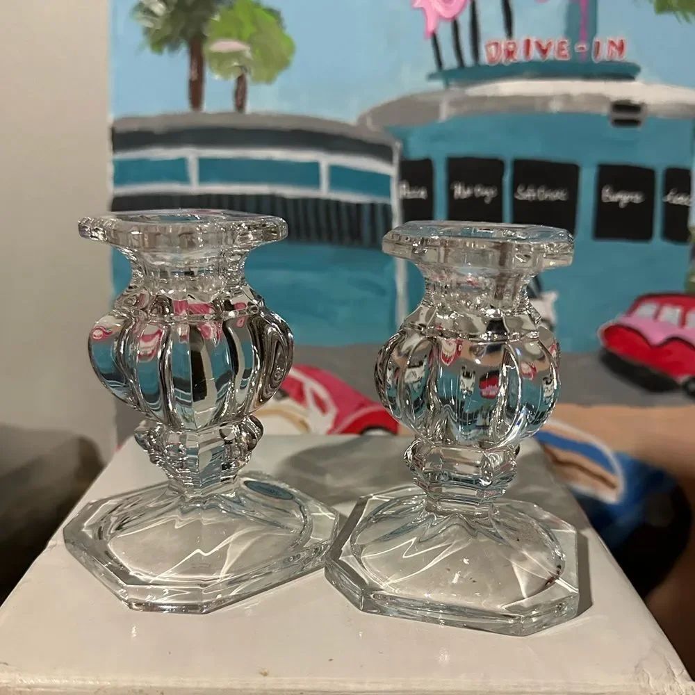 Vintage Pair of Gorham Germany Heavy Full Lead Crystal 4" Candle Sticks EUC